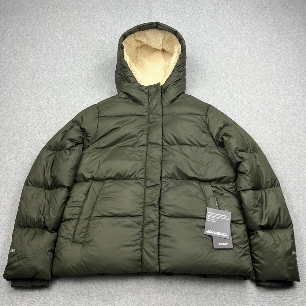 NEW Eddie Bauer Jacket Women Large Green Stratuslite 650 Down Sherpa Hood Puffer